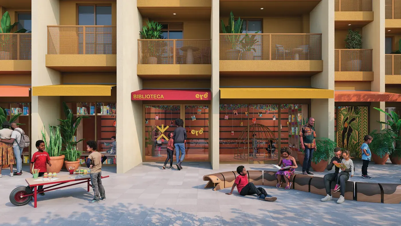Perspectiva do térreo do Residencial Erê, da Cury, com a Biblioteca Erê e as lojas na Avenida Rodrigues Alves, em Santo Cristo