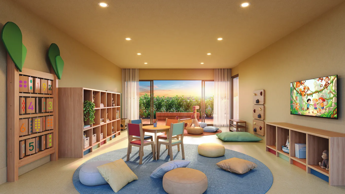 Brinquedoteca do Residencial Erê, no rooftop, com biblioteca infantil e área de leitura
