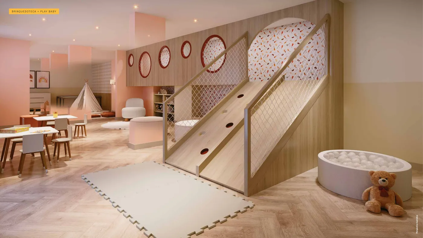 Brinquedoteca com play baby do Residencial Pixinguinha, área de lazer infantil coberta