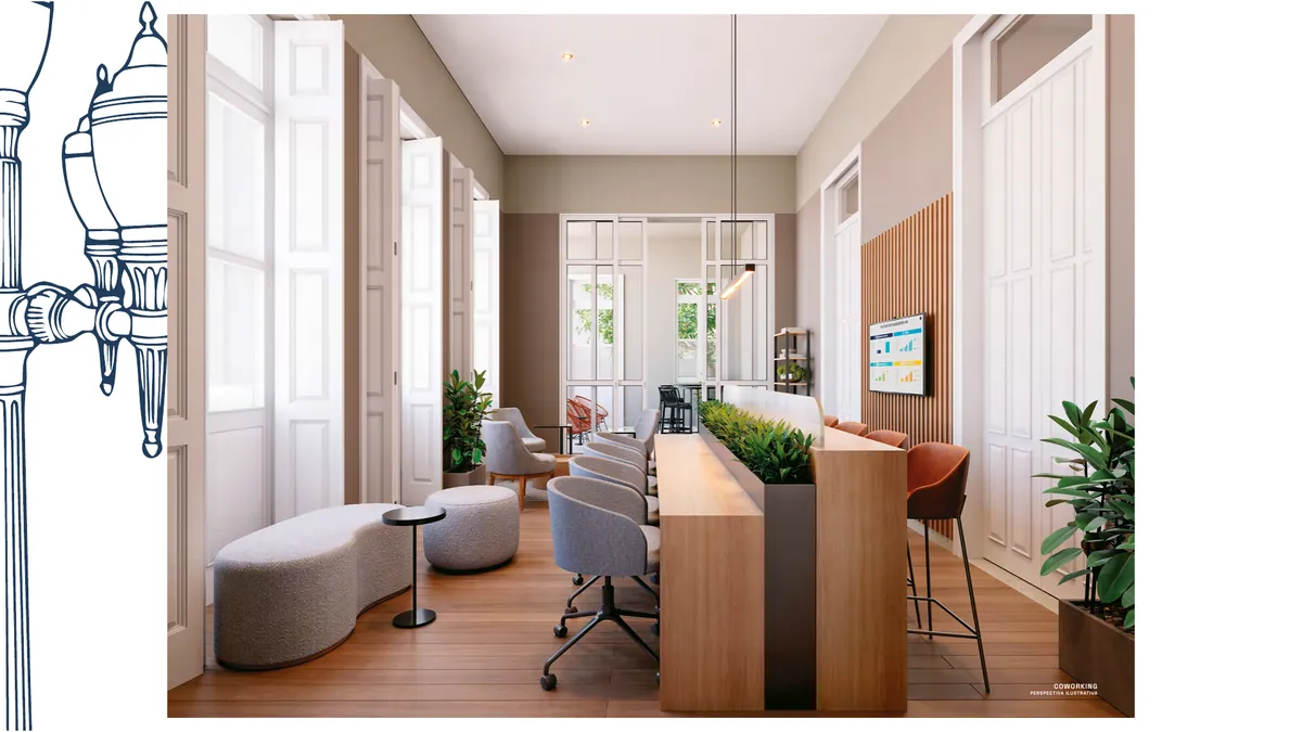Espaço coworking do Luzes do Rio Candeeiro, apartamentos próximos ao Porto Maravilha