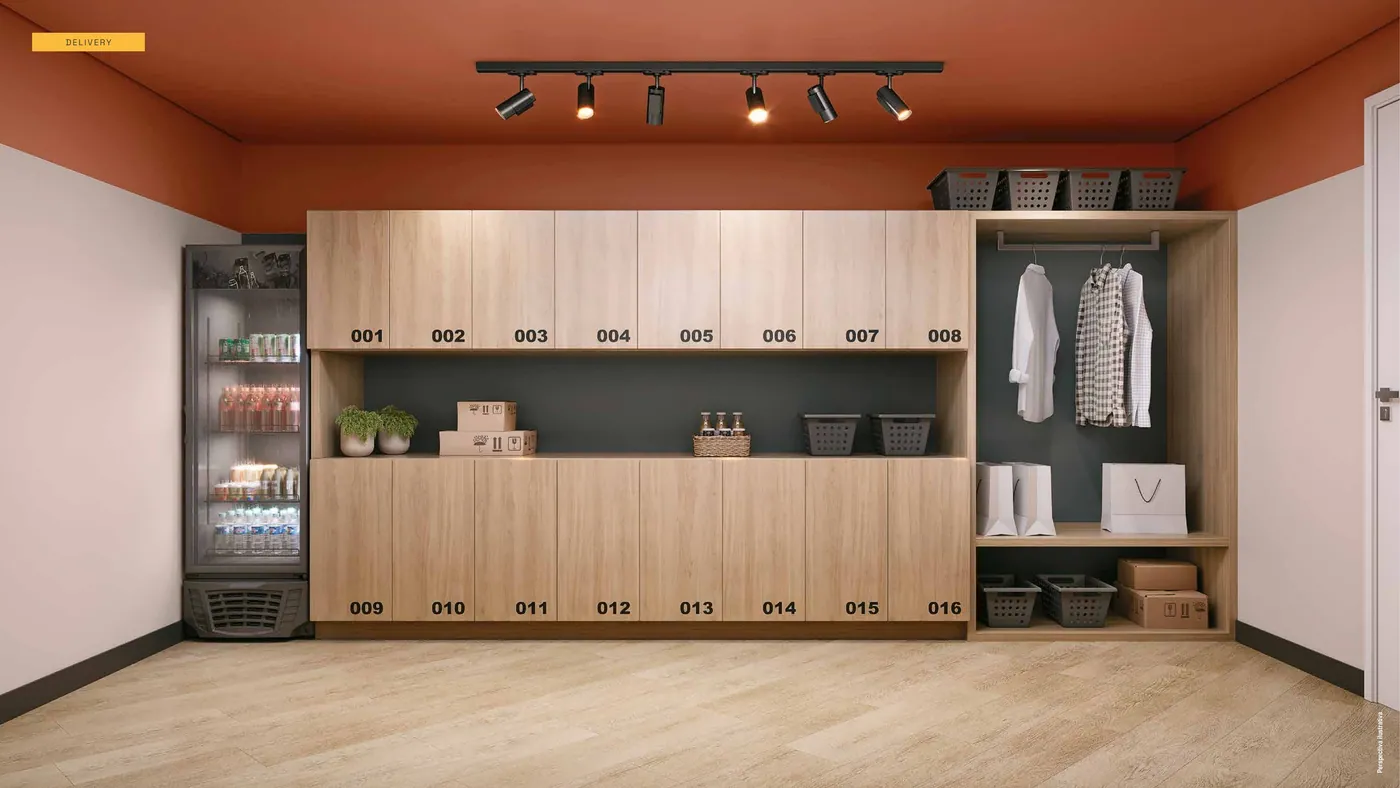 Sala de delivery do Residencial Pixinguinha, com armários para encomendas