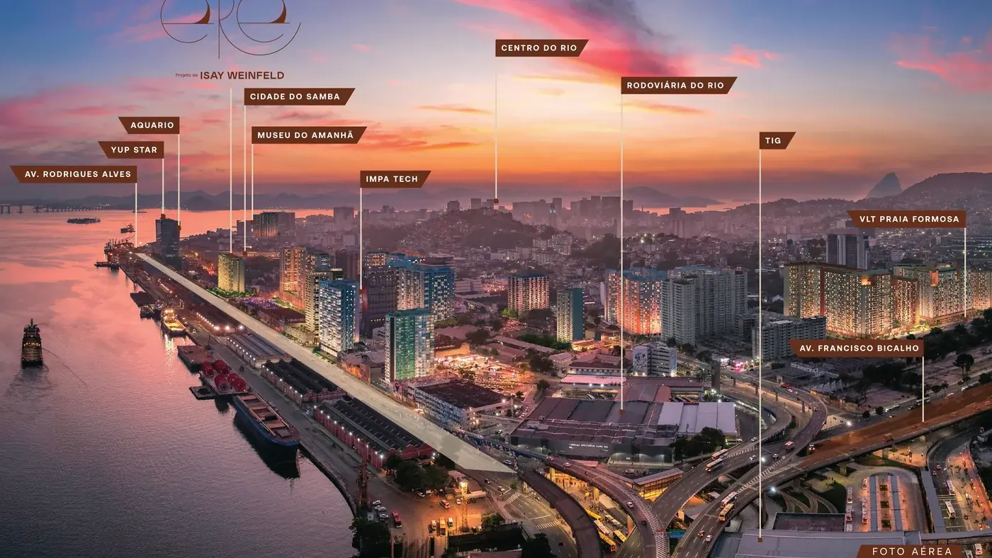 Vista aérea da Região Portuária do Rio com os pontos de referência do entorno do Residencial Erê: Praça Mauá, Museu do Amanhã, AquaRio, Cidade do Samba, Terminal Intermodal Gentileza e VLT Praia Formosa