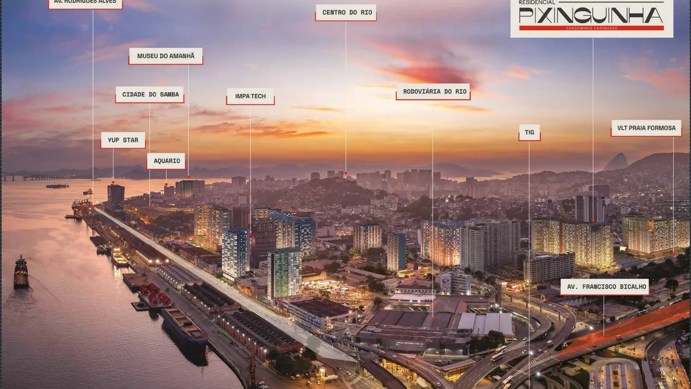 Entorno do Residencial Pixinguinha no Porto Maravilha, com Museu do Amanhã, Cidade do Samba, AquaRio e Terminal Gentileza