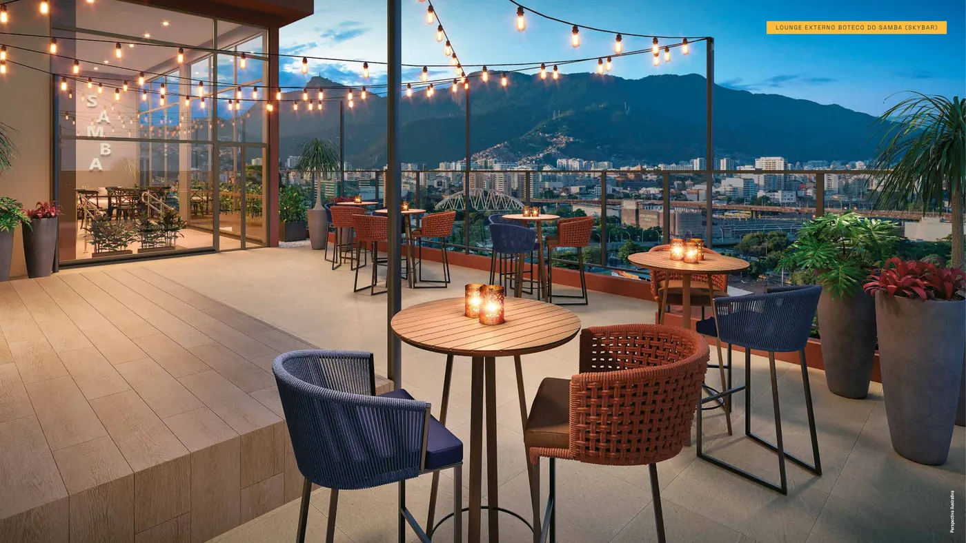Lounge externo do Boteco do Samba, no rooftop do Pixinguinha, em Santo Cristo