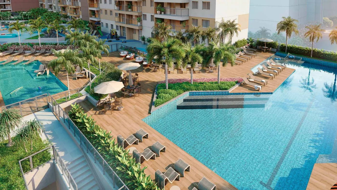 Piscina adulto e infantil com deck molhado e solário do Residencial Pixinguinha em Santo Cristo