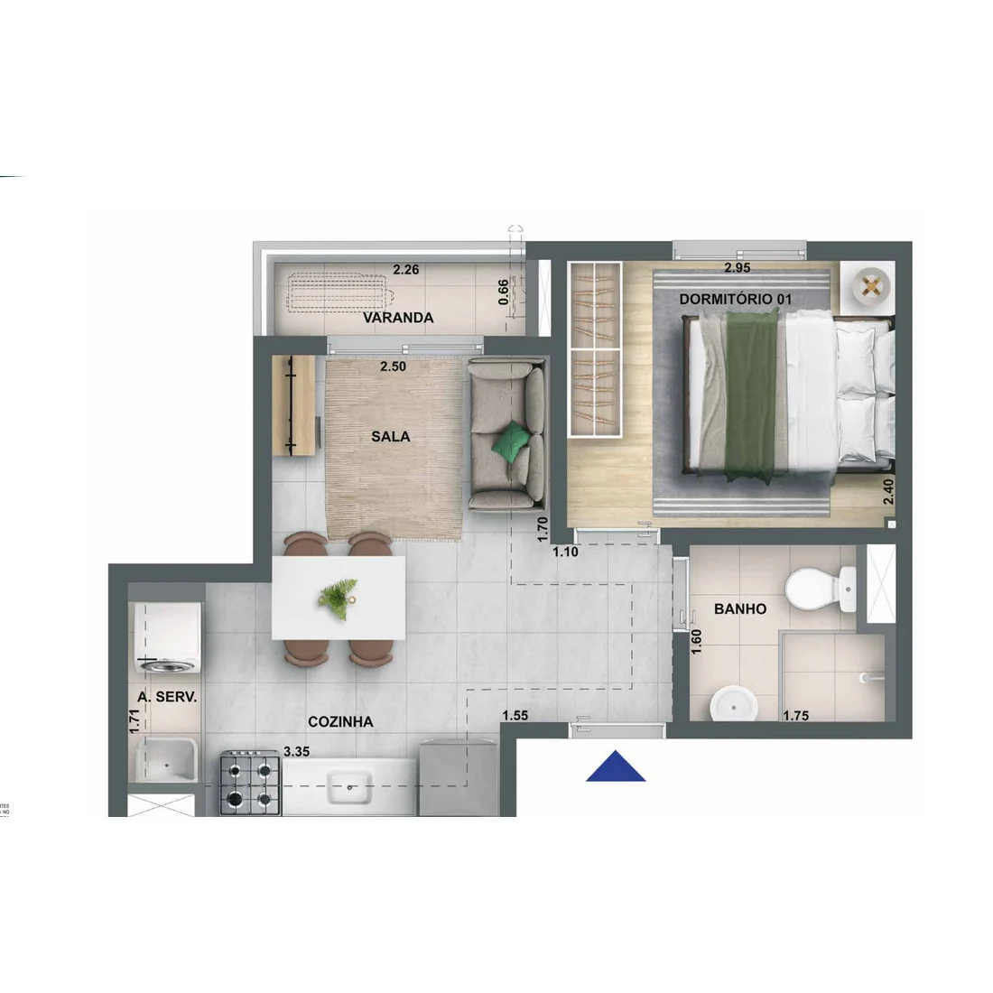Planta baixa do apartamento de 1 quarto com varanda de 30,55 m² do Nova Leopoldina da Cury em Ramos, Rio de Janeiro