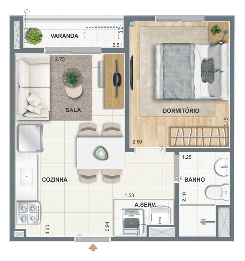 Planta baixa do apartamento de 1 quarto com varanda de 31,62 m² do Luzes do Rio Candeeiro Cury em São Cristóvão RJ