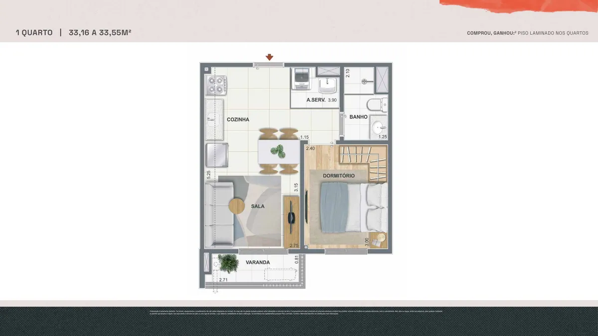 Planta baixa do apartamento de 1 quarto de 33,16 a 33,55 m² do Residencial Pixinguinha em Santo Cristo, RJ