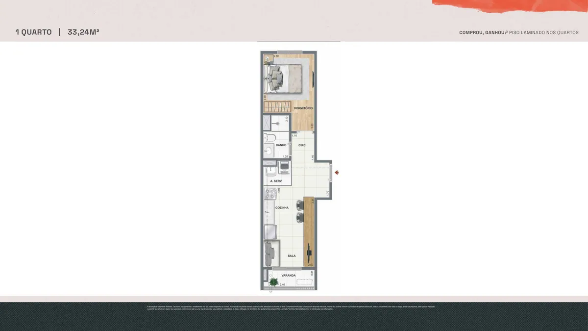 Planta baixa do apartamento de 1 quarto de 33,24 m² do Pixinguinha Condomínio Carinhoso, da Cury, no Porto Maravilha