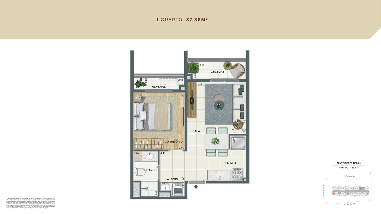 Planta baixa do apartamento de 1 quarto de 37,86 m² com sala, cozinha, área de serviço e duas varandas do Residencial Erê em Santo Cristo
