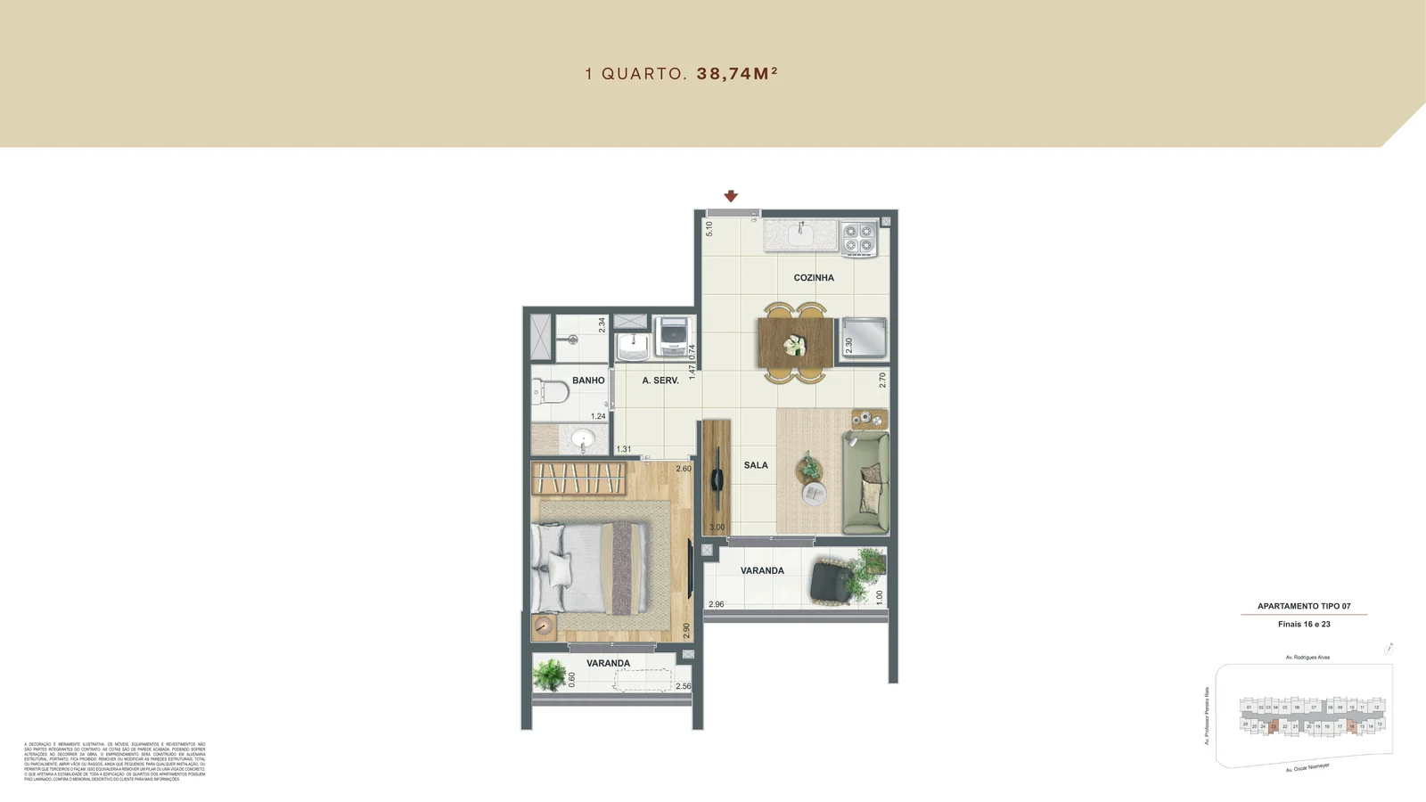 Planta baixa do apartamento de 1 quarto de 38,74 m² do Residencial Erê da Cury na Avenida Rodrigues Alves, Porto Maravilha