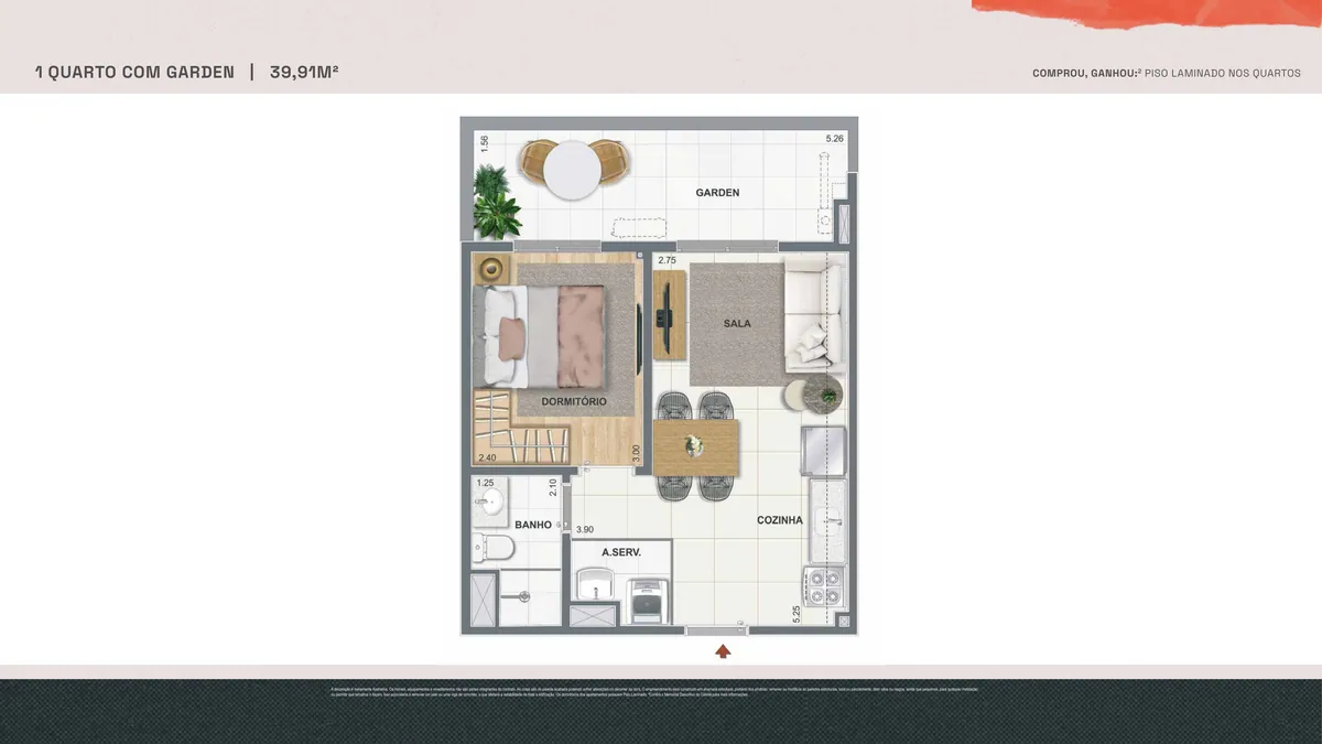 Planta baixa do apartamento de 1 quarto com garden de 39,91 m² do Pixinguinha da Cury na Zona Portuária do Rio