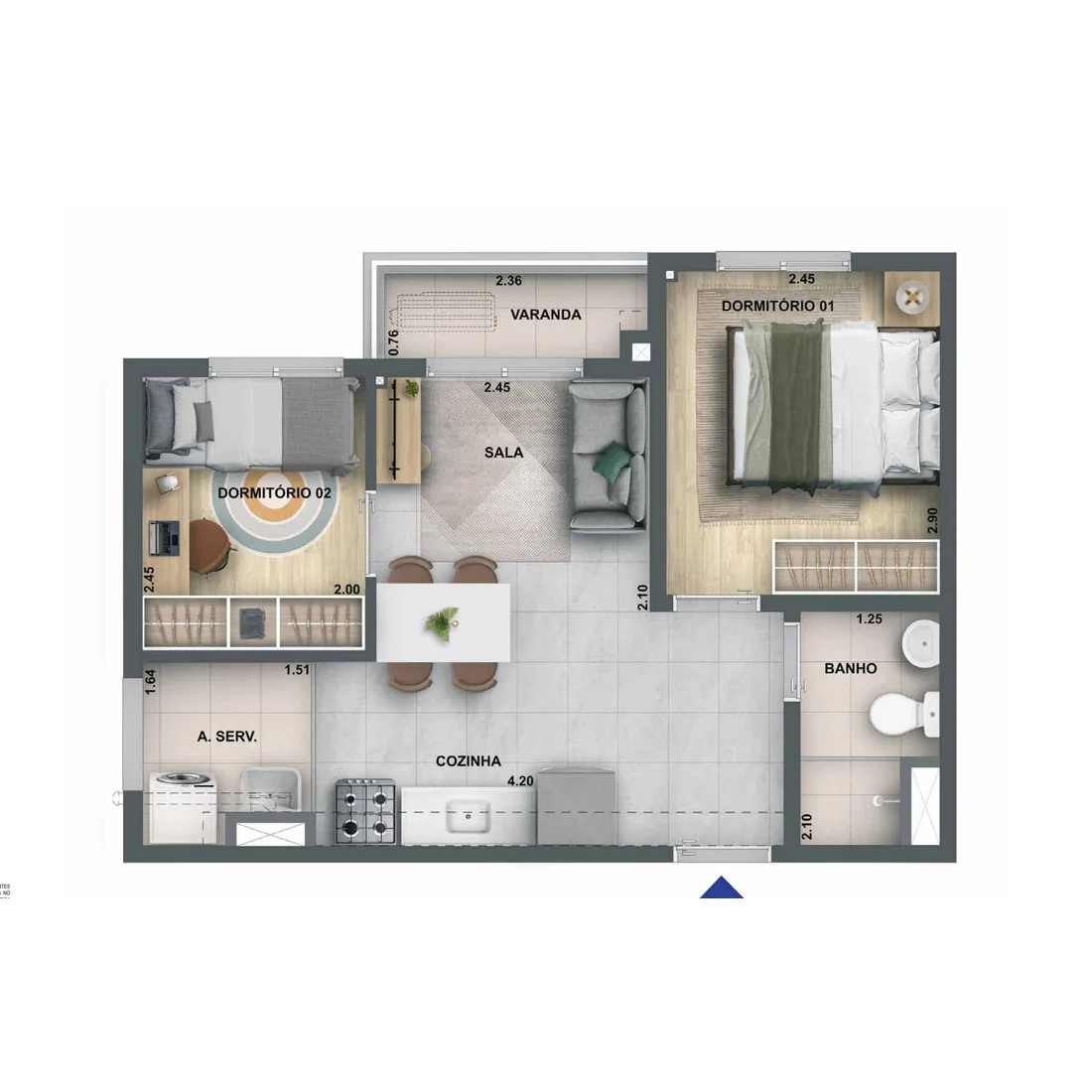 Planta baixa do apartamento de 2 quartos com varanda de 37,76 m² do Nova Leopoldina da Cury perto da Avenida Brasil