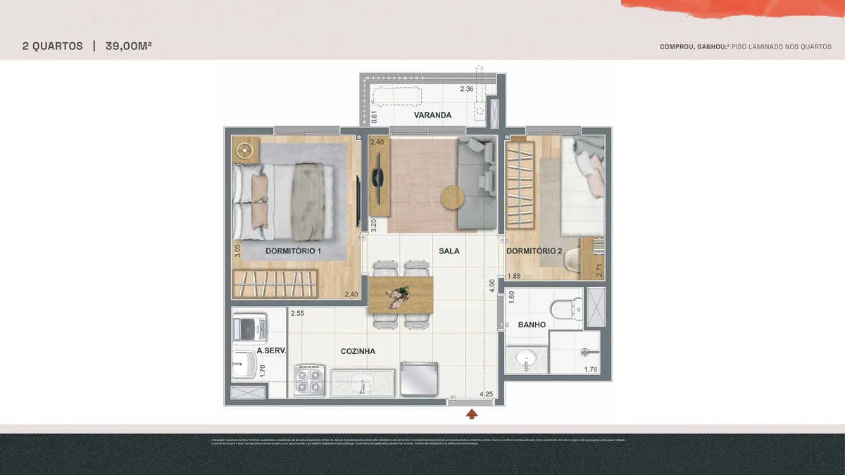 Planta baixa do apartamento de 2 quartos de 39,00 m² do Residencial Pixinguinha Condomínio Carinhoso em Santo Cristo