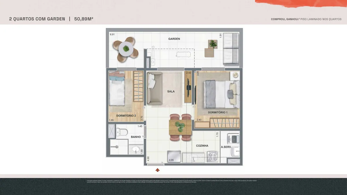 Planta baixa do apartamento de 2 quartos com garden de 50,89 m² do Pixinguinha da Cury no Porto Maravilha