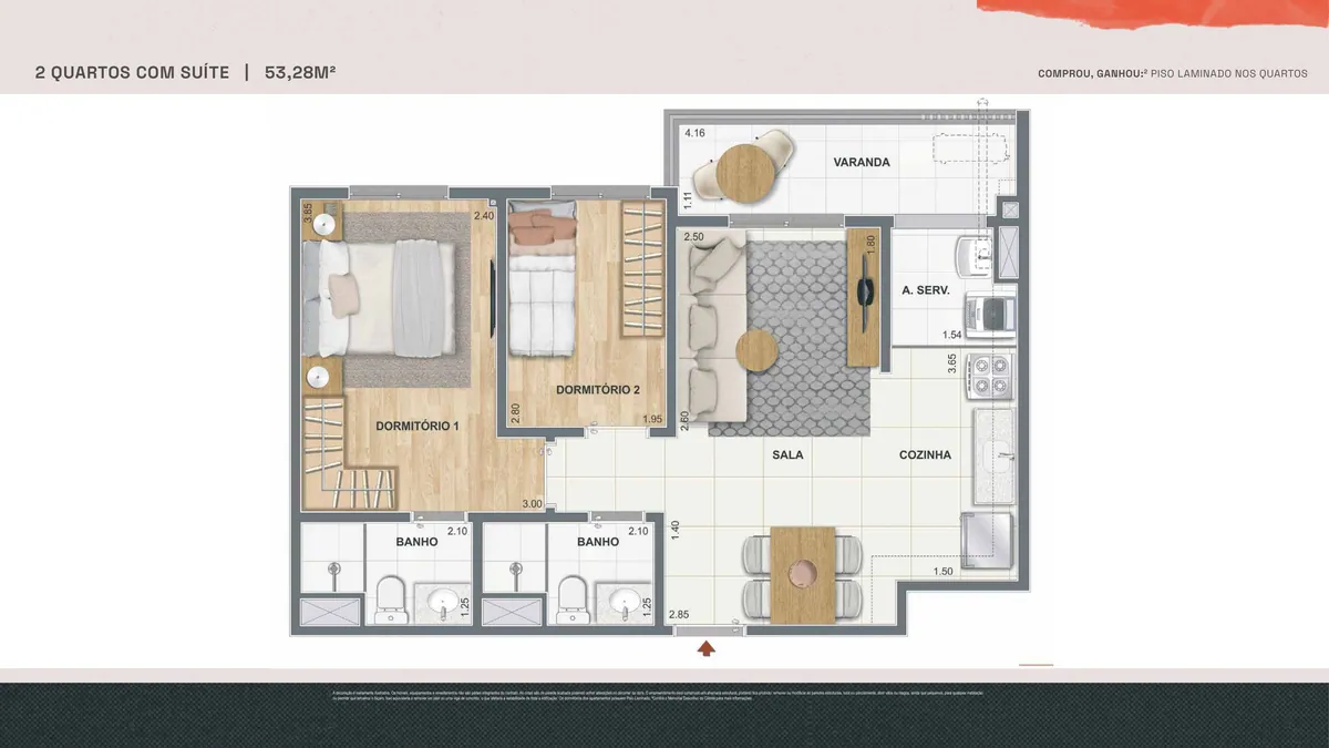 Planta baixa do apartamento de 2 quartos com suíte de 53,28 m² do Residencial Pixinguinha em Santo Cristo, Rio de Janeiro