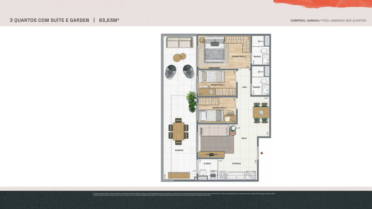 Planta baixa do maior apartamento, 3 quartos com suíte e garden de 83,63 m², do Residencial Pixinguinha em Santo Cristo