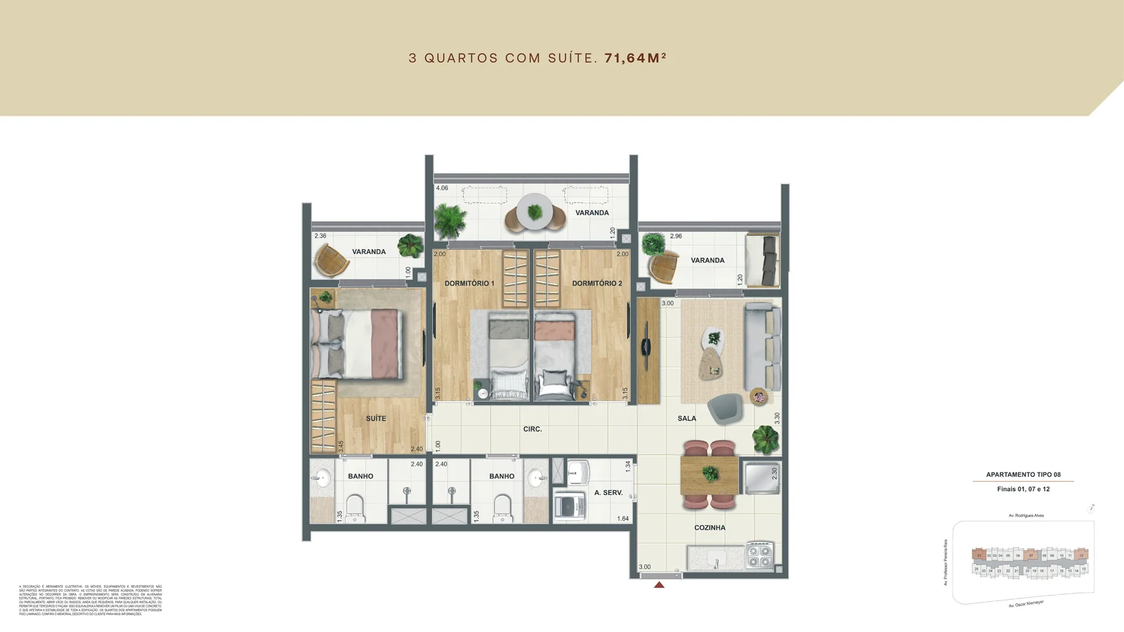 Planta baixa do maior apartamento, 3 quartos com suíte de 71,64 m², do Residencial Erê, projeto de Isay Weinfeld no Porto Maravilha do Rio