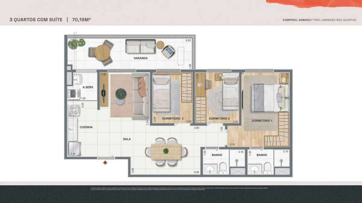 Planta baixa do apartamento de 3 quartos com suíte de 70,19 m² do Pixinguinha Condomínio Carinhoso, da Cury, no Rio