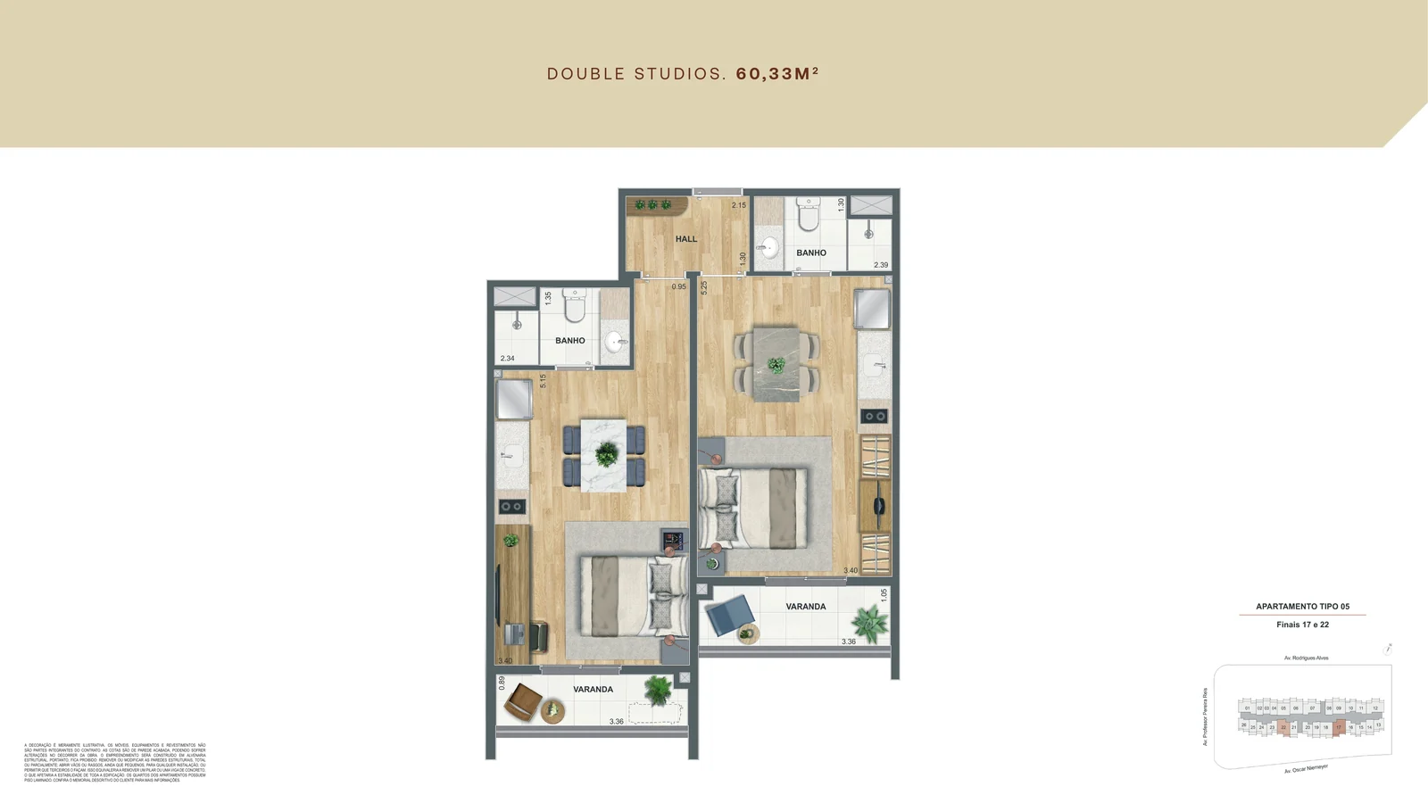 Planta baixa do double studios de 60,33 m² do Residencial Erê da Cury em Santo Cristo, com dois banheiros e duas varandas
