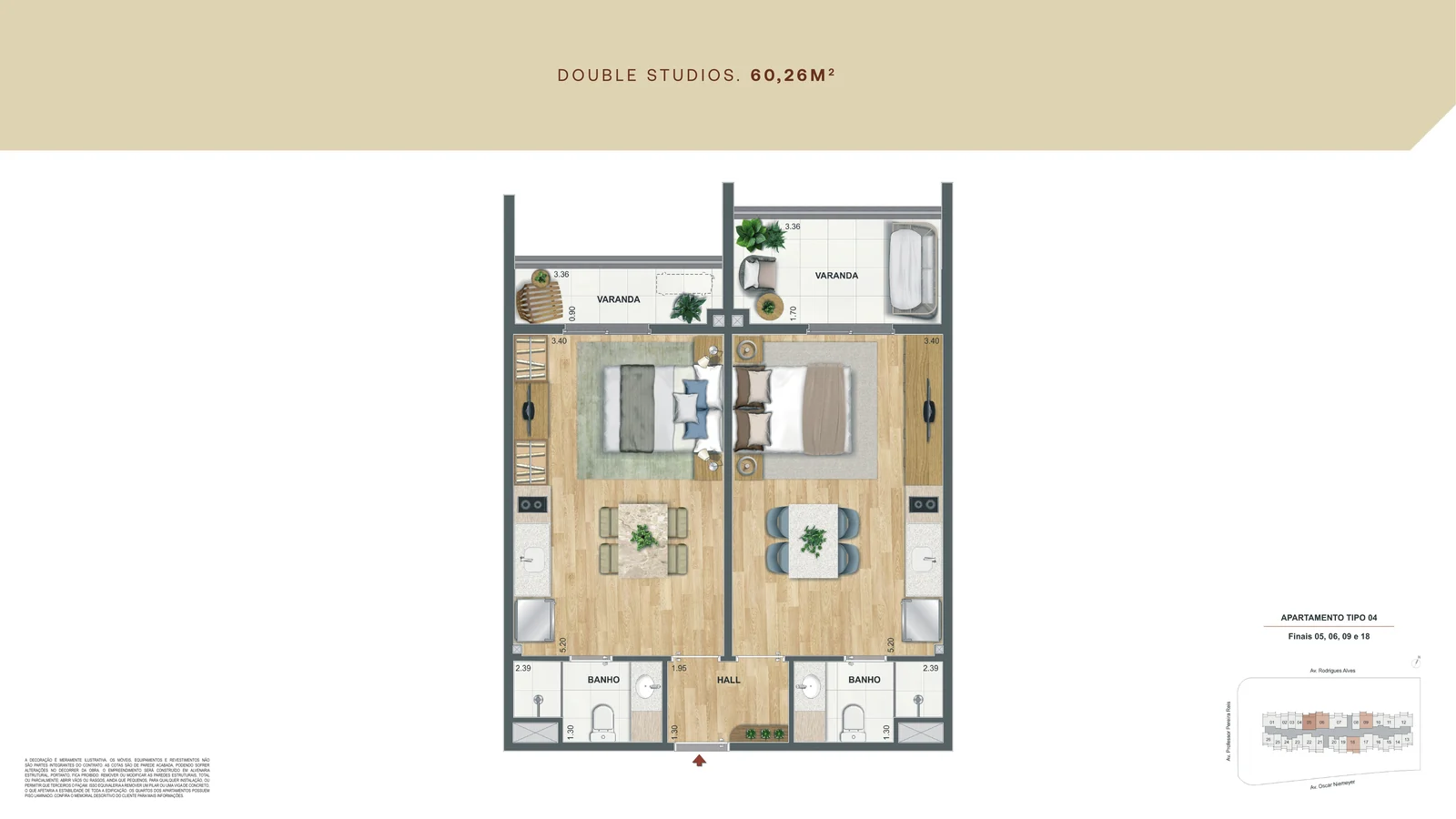Planta baixa do double studios de 60,26 m² do Residencial Erê: dois studios independentes, cada um com banheiro e varanda, ligados por um hall