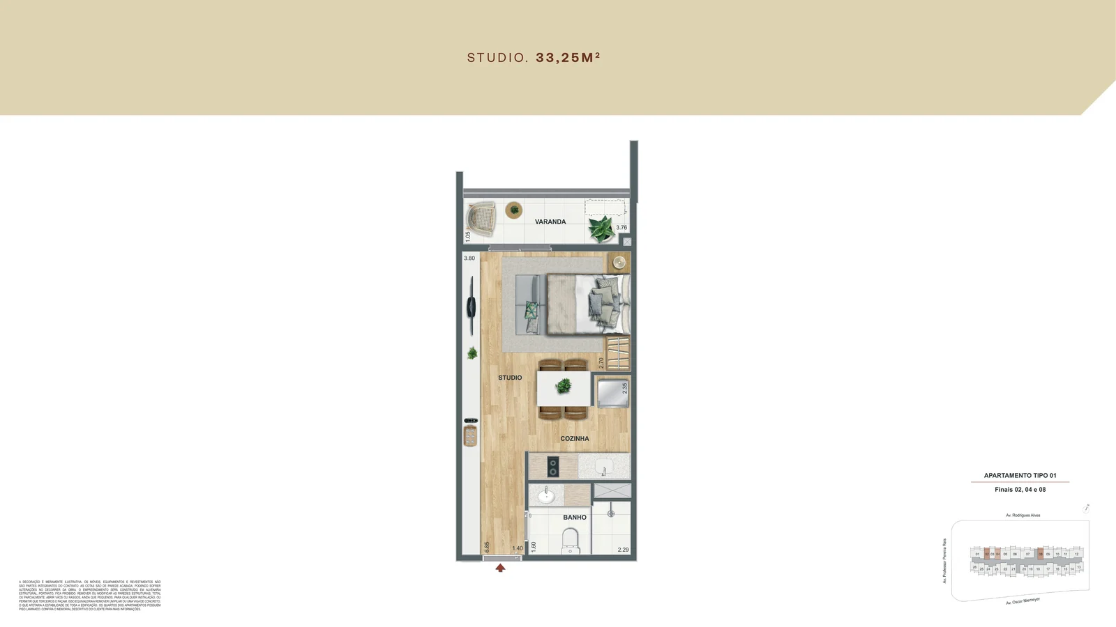 Planta baixa do studio com varanda de 33,25 m² do Residencial Erê, projeto de Isay Weinfeld no Porto Maravilha