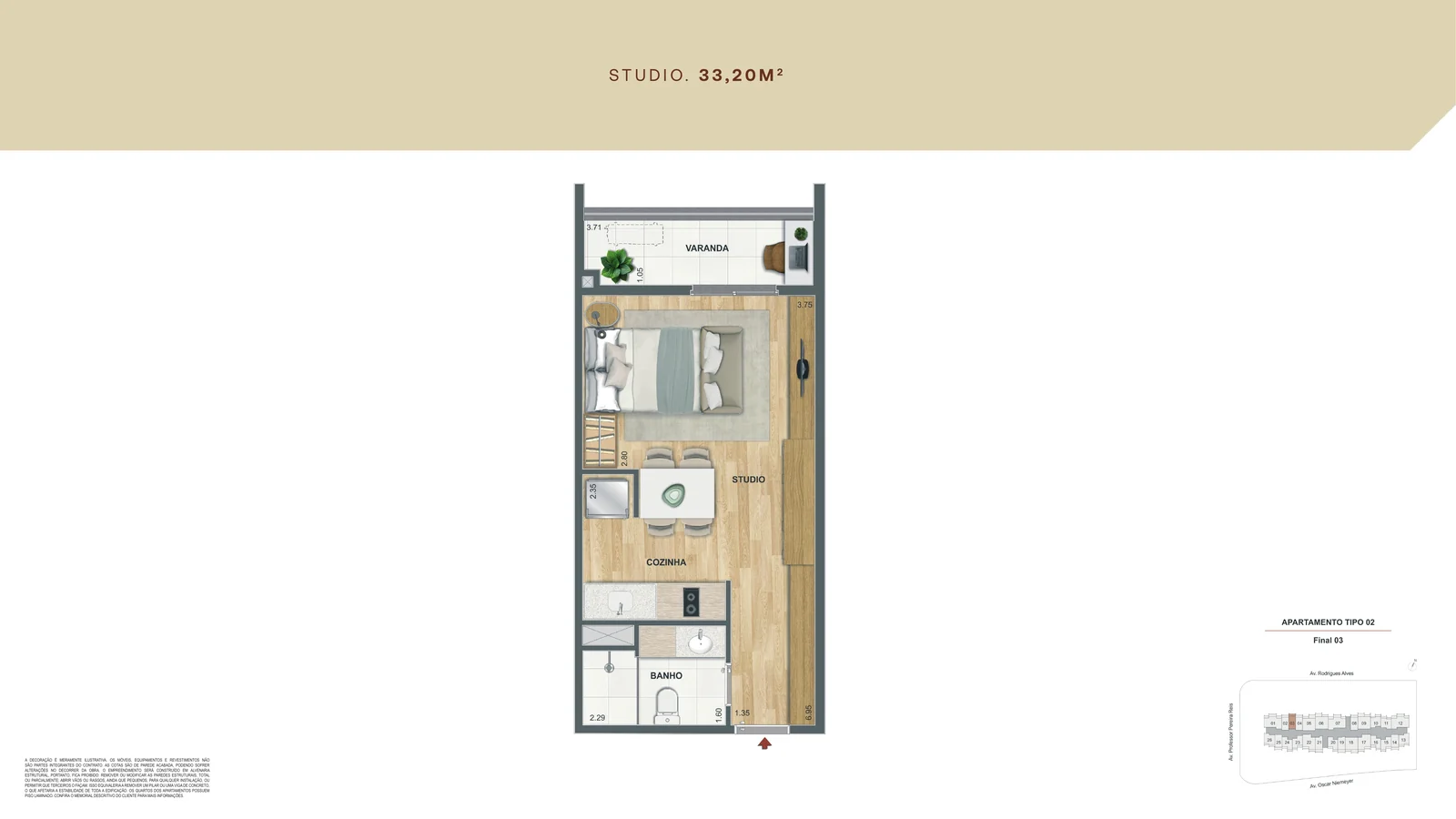 Planta baixa do studio com varanda de 33,20 m² do Residencial Erê da Cury na Avenida Rodrigues Alves, em Santo Cristo, Rio de Janeiro