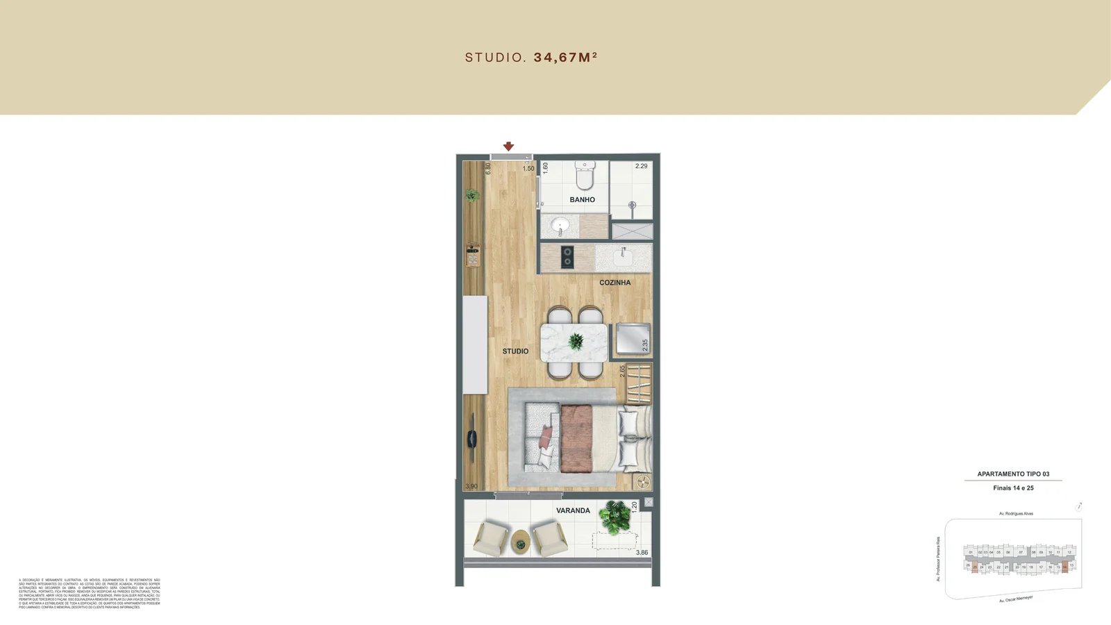 Planta baixa do studio de 34,67 m² com duas varandas do Residencial Erê da Cury em Santo Cristo, na Região Portuária do Rio