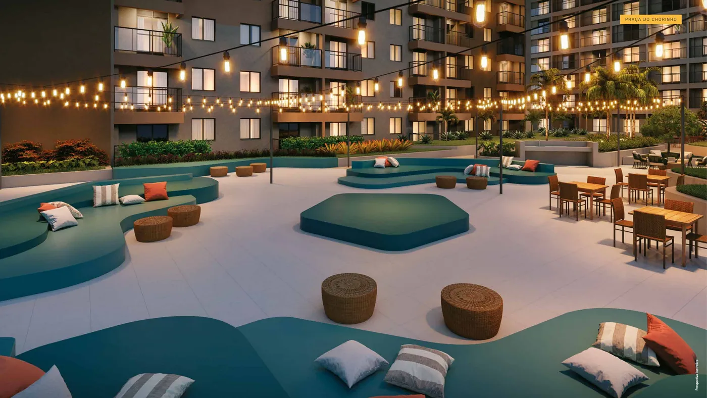 Praça do Chorinho do Residencial Pixinguinha, área de convivência ao ar livre com iluminação decorativa
