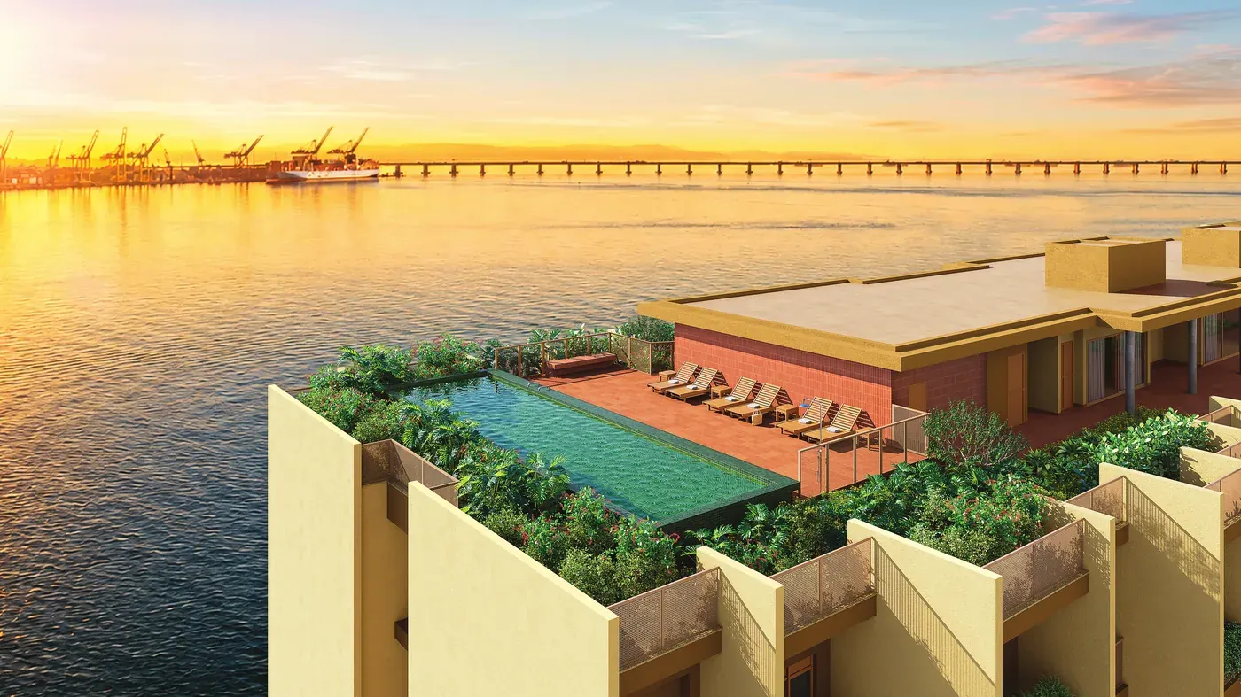 Rooftop do Residencial Erê, com piscina e áreas de lazer voltadas para a Baía de Guanabara, no Porto Maravilha