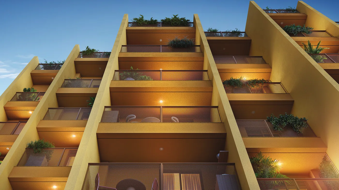 Detalhe da fachada escalonada do Residencial Erê, projeto de Isay Weinfeld, com varandas e jardineiras em Santo Cristo, Rio de Janeiro