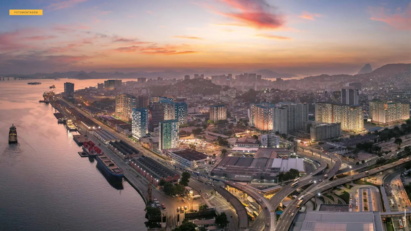 Vista aérea da Zona Portuária do Rio de Janeiro ao entardecer, região do Residencial Pixinguinha da Cury em Santo Cristo