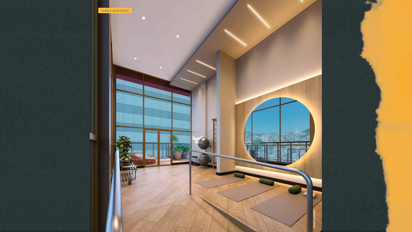 Espaço de yoga e meditação do Residencial Pixinguinha, no pavimento do rooftop